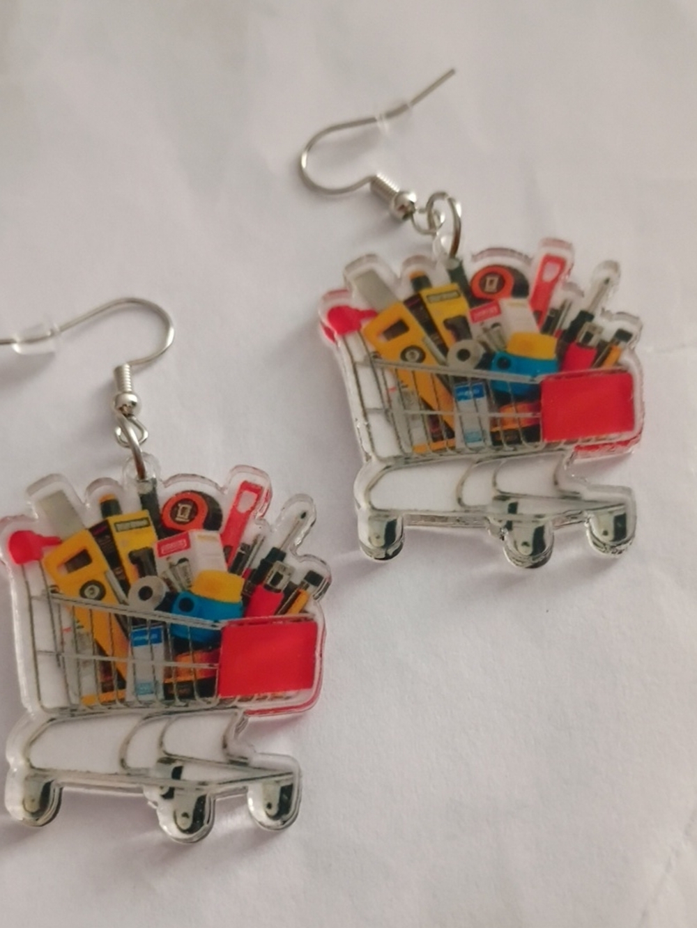 Novelty Shopping Cart Acrylic Earrings in Red Accent